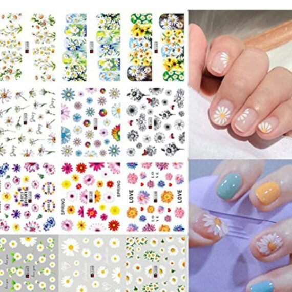 Daisy Nail Water Stickers Decals, Sunflower Art Sticker, Summer Decorations, Small Daisies Flower Designs Stickers, Tips DIY Accessories 12PCS