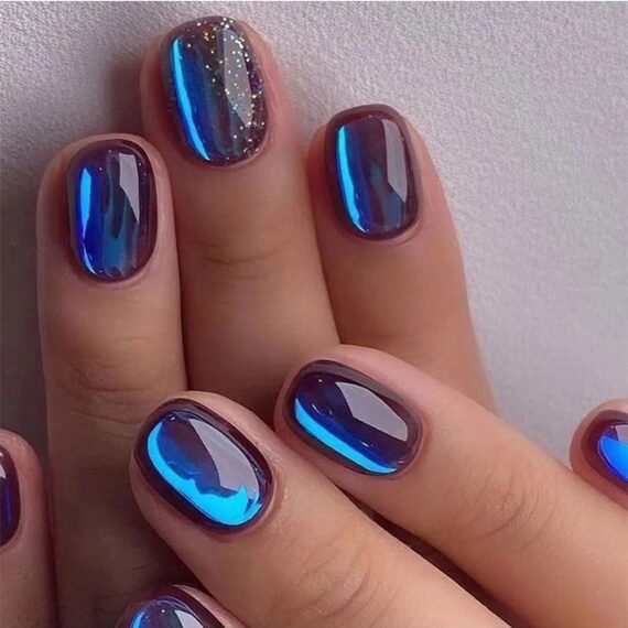 24 Pcs Fake Nails, Press Nails, French Fake Nails - Galaxy Blue Glitter Manicure - Fake Nail Patch