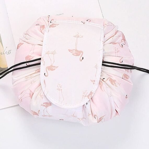 Makeup Bag Drawstring Travel Cosmetic Bag Round Magic Toiletry Beauty Kit Pouch Flamingo Print