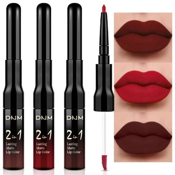 3Pcs Dark Brown Ruby Deep Red Matte Lip Liner Pencil and Liquid Lipstick Sets for Women Long Lasting Waterproof, 24 Hour Lipstick Lip Stick/Gloss Set labiales mate 24 horas originales, 02