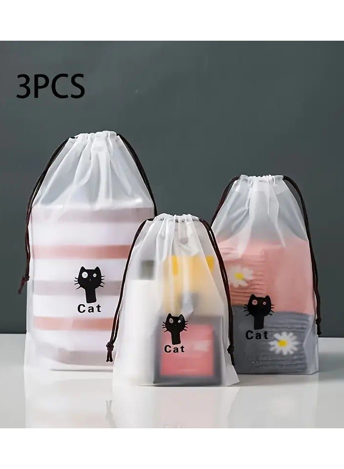 3pcs PVC Drawstring Transparent Storage Bags Set - Water-Repellent Travel Organizers with Printed Labels (Unscented)