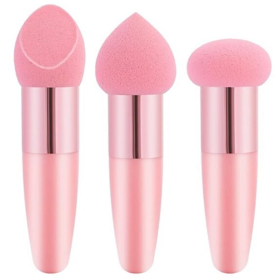 3 PCS Makeup Sponge Facial Foundation Sponge Professional Makeup Blending Sponge with Handle Beauty Sponge Blender Dry & Wet Use Makeup Sponges for Foundation(Pink)