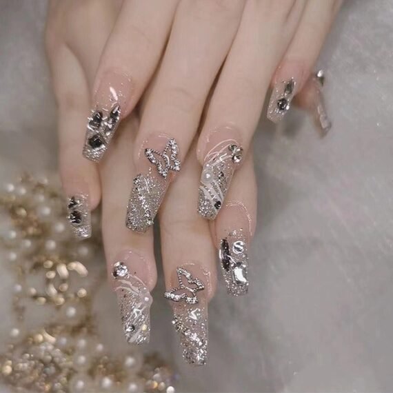 24Pcs Fake Nails, Press Nails, Mid-length Ballet Manicure - Sparkling Diamond Manicure - Silver Butterfly Diamond Manicure - Fake Nail Patch