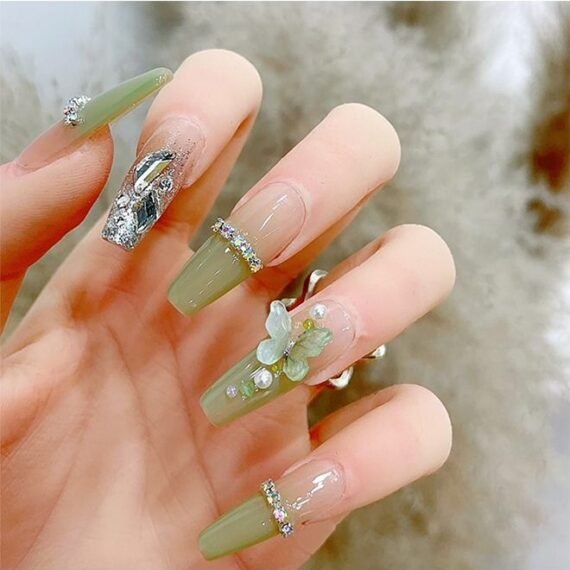 24 Pcs Fake Nails, Press Nails, French Fake Nails,The Wizard of Oz Fake Nails -Green Butterfly Manicure - Fake Nail Patch