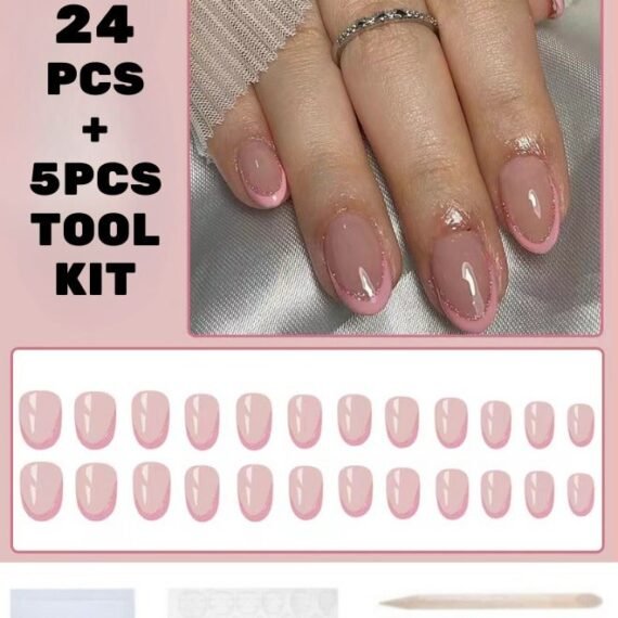 24Pcs False Nails+5 Pcs Tool Kit Impress Press-On False Nails Bright Pink