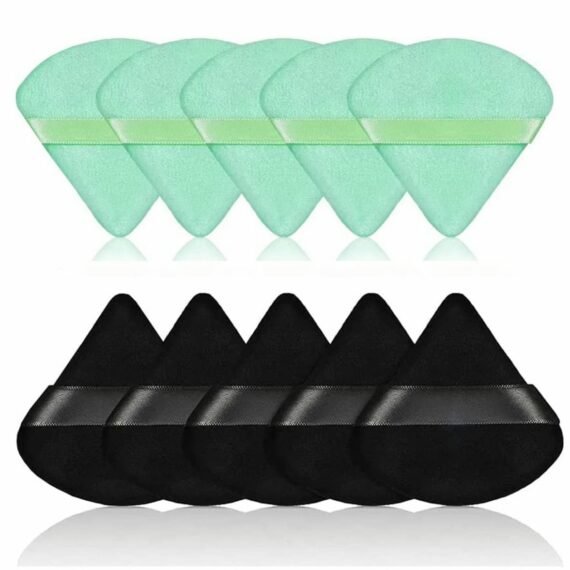 Triangle Powder Puff , 10Pcs Soft Makeup Powder Puffs Reusable Powder Puff Triangle Dry Wet Velour Puff for Loose Powder Daily Makeup Foundation Cream Blush (Green & Black)