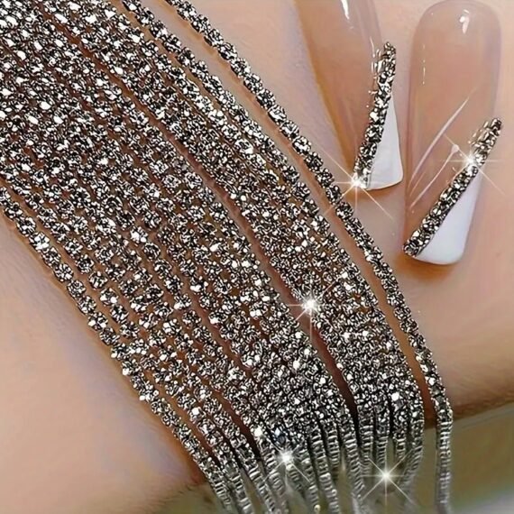 Luxury 100cm Sparkling Crystal Chain Nail Charms with Rhinestones - 1.5mm Glitter Silvery, DIY French Manicure Decorations for Women and Girls