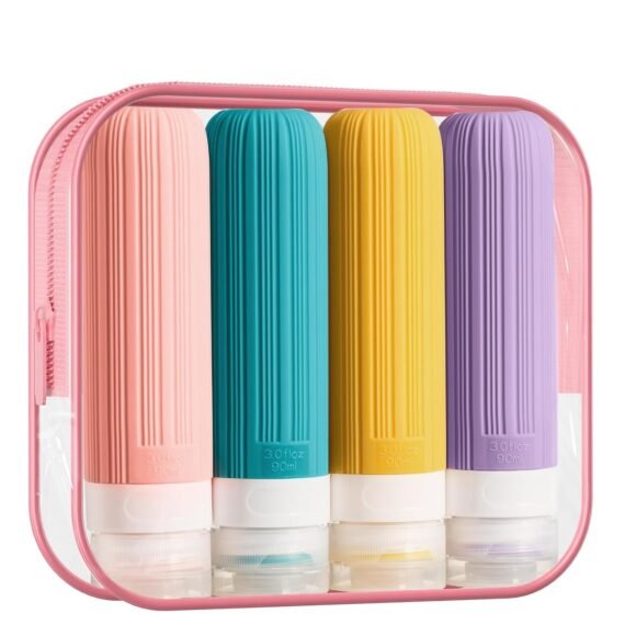 4Pcs Travel Bottles for Toiletries, Portable Travel Bottles, 3oz Leak Proof Travel Size Bottles, TSA Approved Travel Containers Jar, Squeezable Silicone Travel Size Containers, with Toiletry Bag