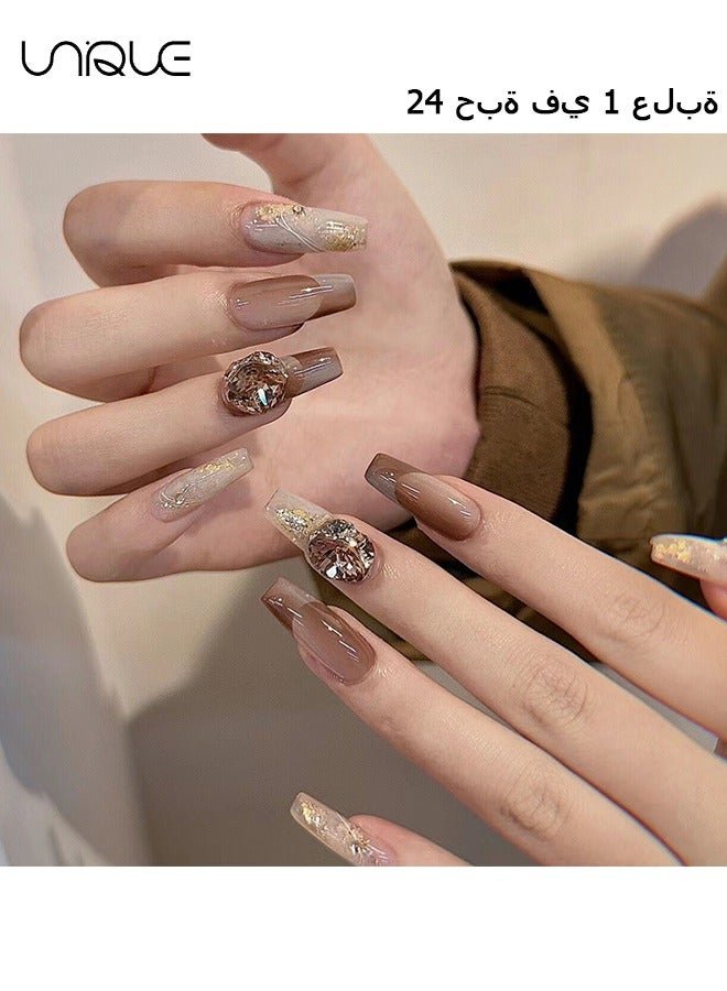 24Pcs Fake Nails, Press Nails, Mid-length Ballet Manicure - Big Diamond Khaki Gilt Manicure - Coffee Brown Gold Foil Shiny Manicure - Fake Nail Patch