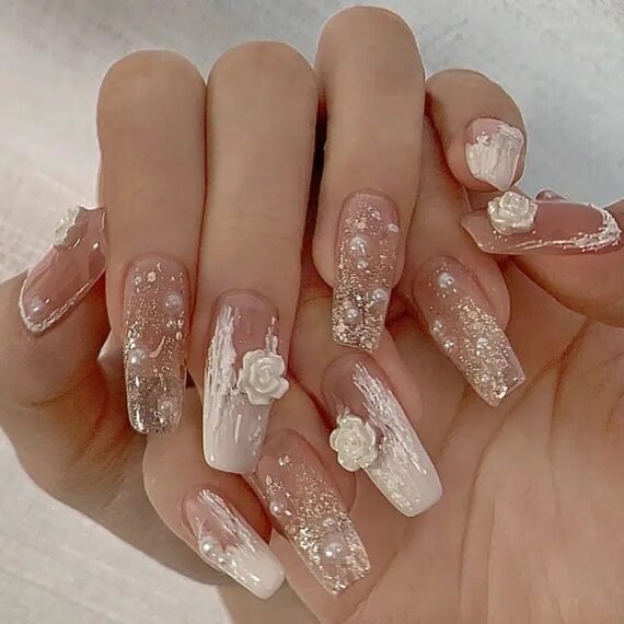 24 Pcs Fake Nail Nail Art Patch, Gradient Shiny Nail Fake Nail Manicure Patch Gradient Faux Camellia Diamond Decals Glitter Manicure