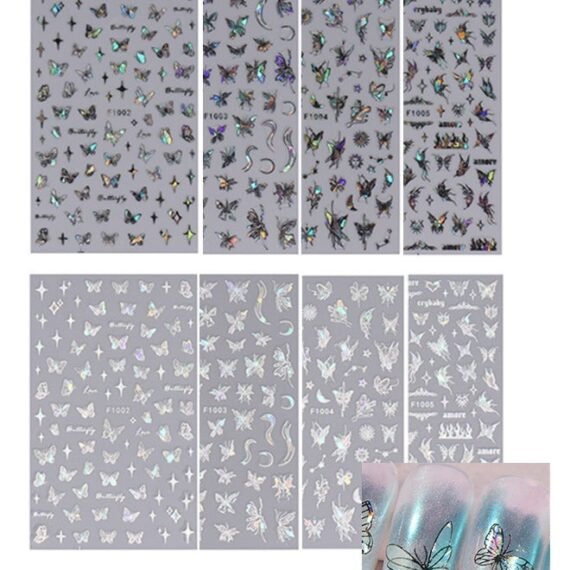 8 Sheets Black & White Laser Butterfly Nail Art Sticker, Self Adhesive Nail Decals, Nail Polish Decoration, Butterfly Flower Nail Decoration DIY Nail Art Decoration For Girls
