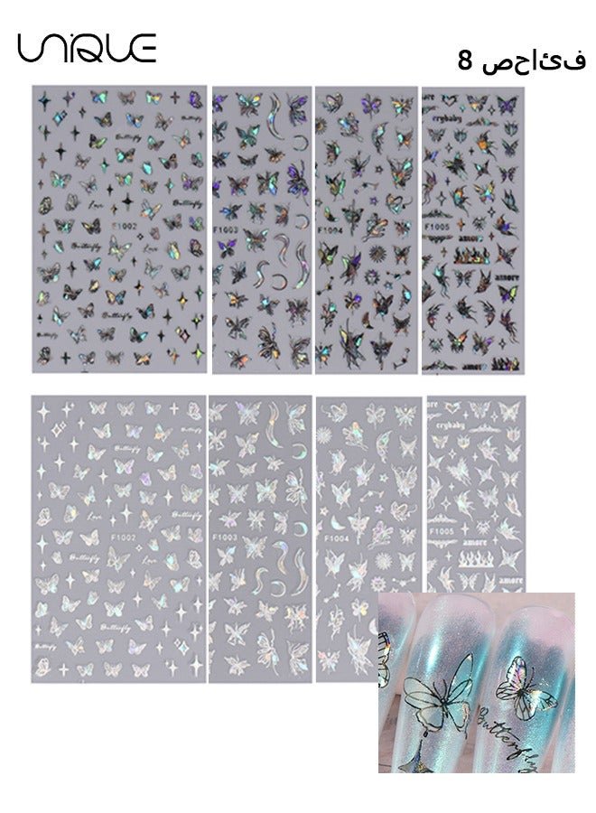 8 Sheets Black & White Laser Butterfly Nail Art Sticker, Self Adhesive Nail Decals, Nail Polish Decoration, Butterfly Flower Nail Decoration DIY Nail Art Decoration For Girls