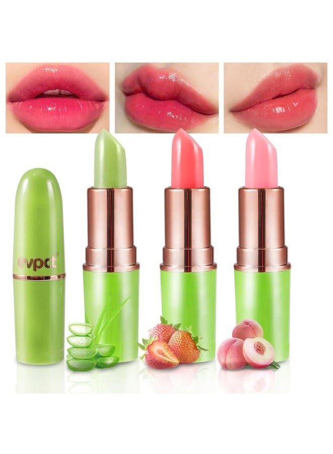 Aloe vera Color Changing Lipstick,Moisturizer Long Lasting Lip Care Magic Lip Gloss,Makeup Lipstick Set (3pcs Aloe+Strawberry+ Peach, 3 Count (Pack of 1))