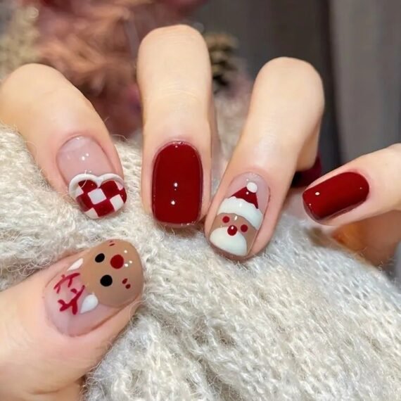 24PCS Square Coffin Red Press On Nails Short, Checkerboard Snowman Elk Medium Length Fake Nails, Reusable False Nails Kit For Women