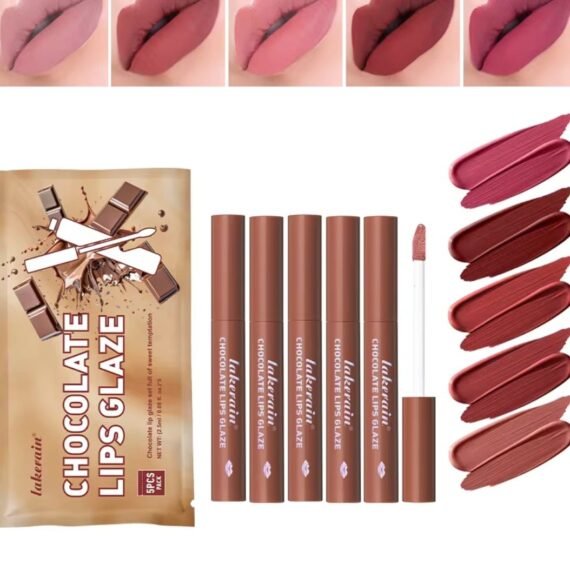 5Pcs Chocolate Lips Glaze 12H Long Lasting Waterproof Smooth Matte Finish Chocolate Lips Glaze Lip Color Nourishing Smooth Lipstick Set Lip Liner Liquid Lipstick Set 02