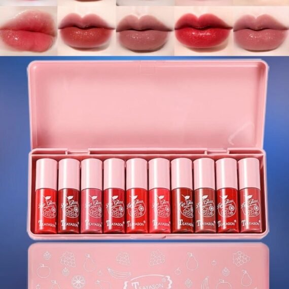 10Pcs Lip Gloss Set Natural Fruits Flavored Lip Gloss Moisturizing Hydrating Lip Glow Oil Lip Gloss Kit High Shine Lip Plumping Glass Finish Matte Liquid Lipstick for Women