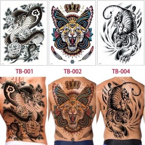 Glaryyears Super Big Full Back Covered Temporary Tattoos, 3 Pack Large Fake Realistic Tattoo Stickers for Adults Men Women, Scary Fierce Tiger Snake Serpent Design
