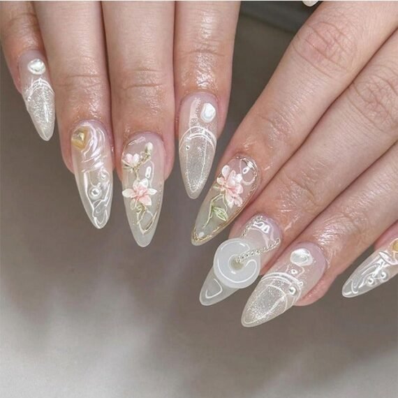 24Pcs Fake Nails, Press Nails, Long Almond Manicure - Shiny Pearl Manicure - 3D Flower Phnom Penh Manicure - Fake Nail Patch