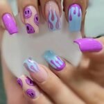 Coffin French Cute Ballerina Acrylic False Nails with Blue Flame Design - Glossy Purple Smile Face Nails for Women and Girls