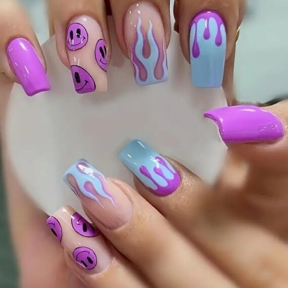 Coffin French Cute Ballerina Acrylic False Nails with Blue Flame Design - Glossy Purple Smile Face Nails for Women and Girls