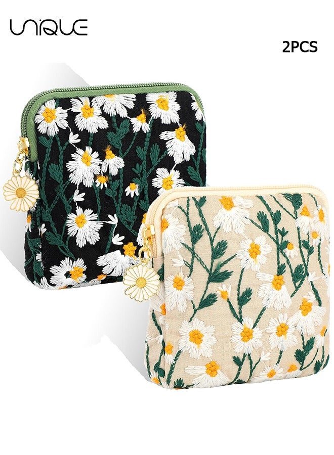 2 Pcs Daisies Sanitary Napkin Storage Bag, Embroidery Period Pad Pouch, Soft Cotton Period Holder Bag Menstrual Cup Pouches Nursing Pad Holder Tampon Bags with Zipper for Women Teen Girls