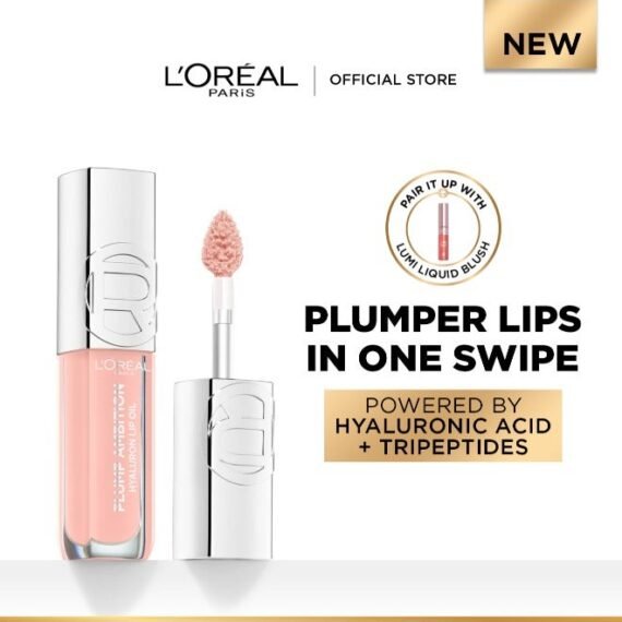L’Oréal Paris Plump Ambition Hyaluron Lip Oil, Plumping Lip Oil With Hyaluronic Acid and Tripeptides for 24H Hydrated Lip, 5ml, Milky Nu 201