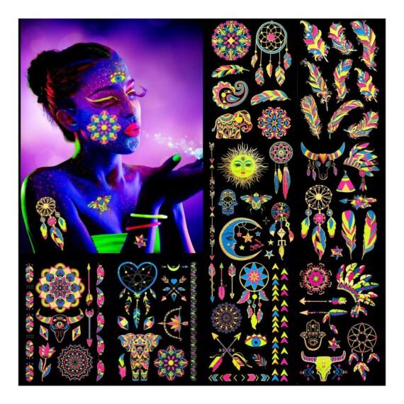 8 Large Neon Glow in The Dark Metallic Gold Temporary Tattoos, Assorted Designs Glow UV Neon Metallic Peacock Feather Mandala Flower Fake Waterproof Tattoo Stickers for Women Men Girls Body Art