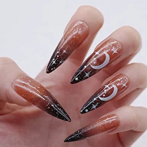 Fake Nails, 24pcs Stiletto Press on Nail Gradient Black Fake  Shiny Full Cover Artificial  Halloween False for Women and Girls