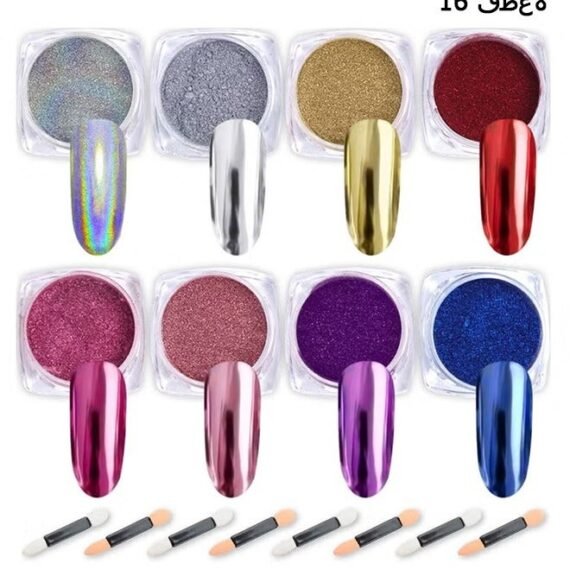Nail Powder Wenida 8 Colors 1g/Jar Holographic Chrome Mirror Laser Synthetic Resin Pigment Manicure Art Decoration with 8pcs Eyeshadow Sticks