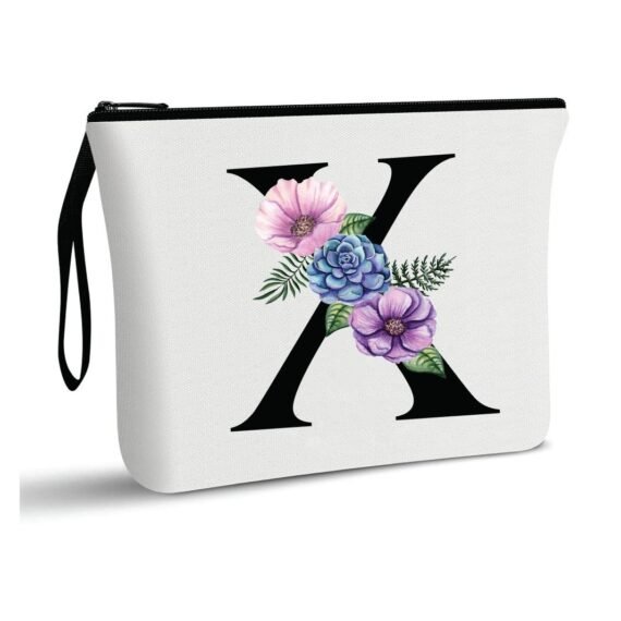 Initial Monogram Travel Makeup Bag for Women Unique Birthday Gifts for Mother - Bride Bridesmaid Cosmetic bag - Initial Canvas Makeup Bag Gifts with Zipper (X)