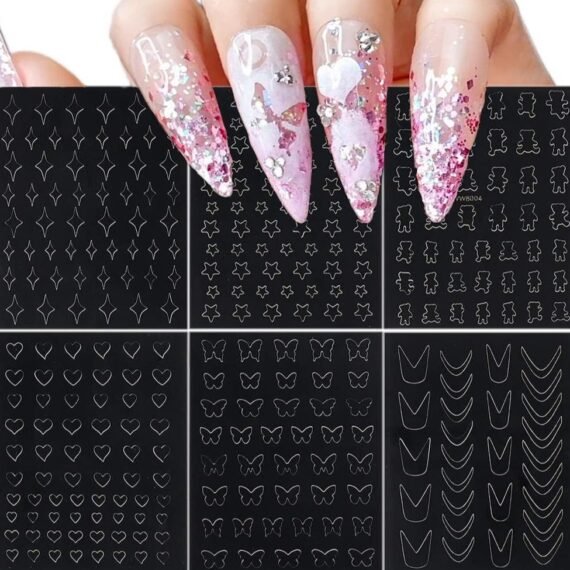 6 Sheets Hollow Out Nail Stencil Sticker for Nail Art Spray Paint Decals Star Butterfly Bear French Design Gel Polish Manicure Template