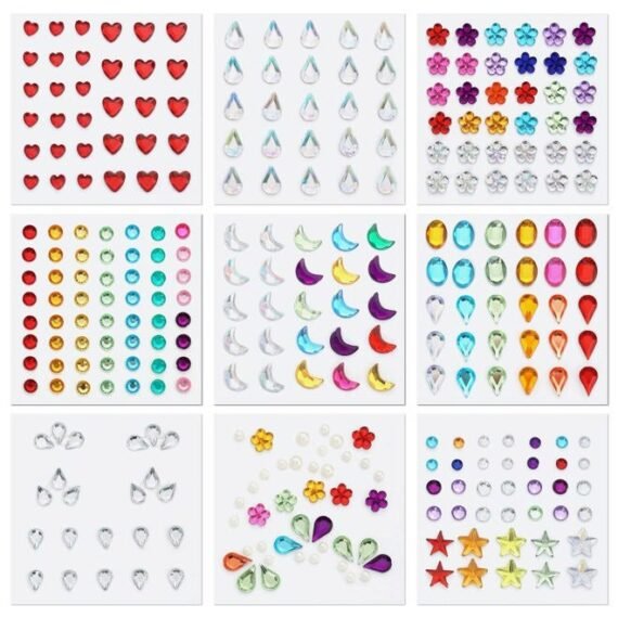 9 Sheets Festival Face Gems Stick on, Self-Adhesive Jewels Stickers Quick Dry Make Up Diamonds Rhinestones for Makeup, Nail Gems for Eye Arm Body Hair Craft Decoration Party (Multicolored)