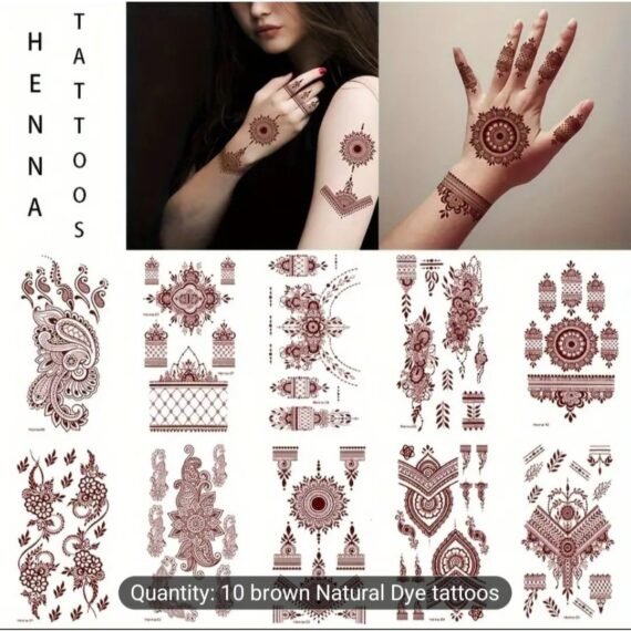 10 Pcs Women's Brown Henna-Like Temporary Tattoos- Non-Toxic Body Art Stickers with Elegant Floral, Geometric, Teardrop, Best for Wedding, Party, Festival, Everyday-Long-Lasting & Easy Application- Safe for Sensitive Light Beige, High Quality Print