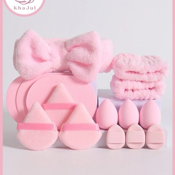 15-Piece Spa Headband and Wristband Clean Set, Includes Makeup Sponges and Face Triangle Powder Puff Skincare Beauty Blender for Washing Face,Women Gift Set(Pink)