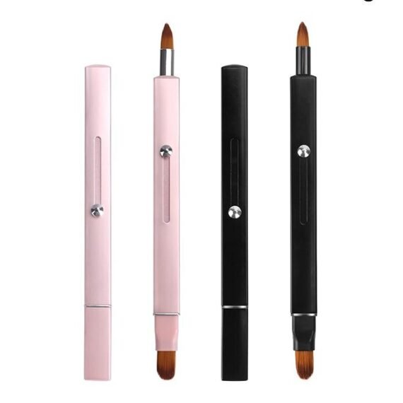 Retractable Lip Brush for Lipstick,2 Pieces Lip Brushes,Double-ended Lip Applicator with Cap,Portable Lip Liner Brush Lip Gloss Eyeshadow Smudge Concealer Brush (Pink+Black)