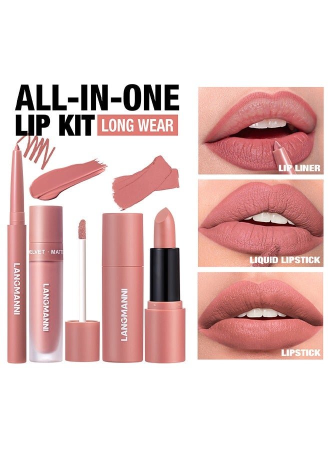 Velvet Matte Soft Lip Set-Lip Liner,Lip Gloss and Lipstick Combo,Perfect for Natural Lip Contour,Waterproof And Longlasting Effect Lip Makeup,Unique Festival Gift (#02, Pack of 1)
