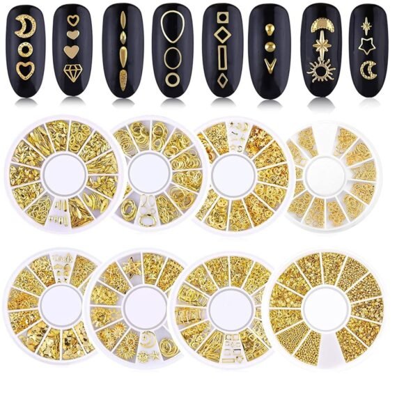 3D Nail Art Studs, Nail Jewelry, Mixed Nail Art Beads, Nail Art Rhinestones, Metal Gold Star Moon Sun Heart Accessories for DIY Nail Deco for Women Girl - DIY Nail Design Craft Decoration 8 Boxes