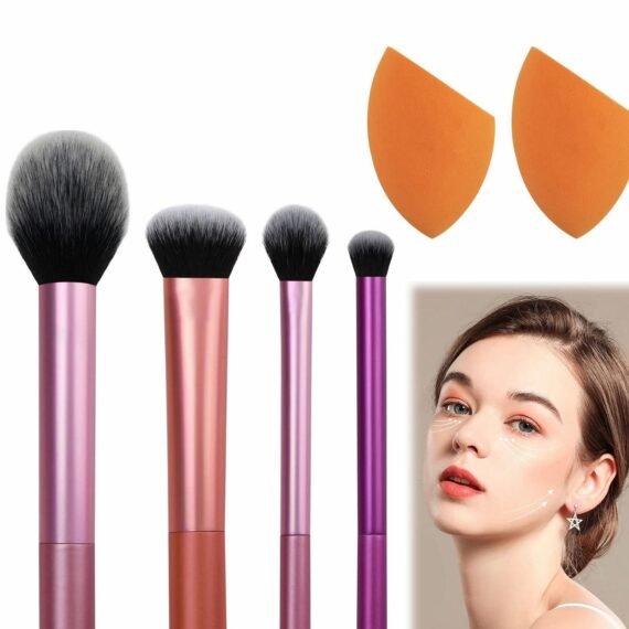 Makeup Brush Set, 4 Pcs Brushes with 2 Sponge Blenders for Eyeshadow, Foundation, Blush, and Concealer
