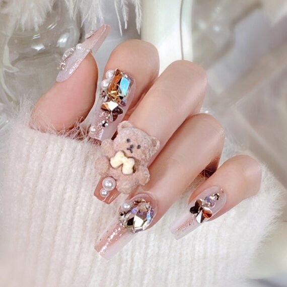 24Pcs Fake Nails, Press Nails, Mid-length Ballet Manicure - Gradient Sparkling Diamond Manicure - Cartoon Plush Bear Manicure - Fake Nail Patch
