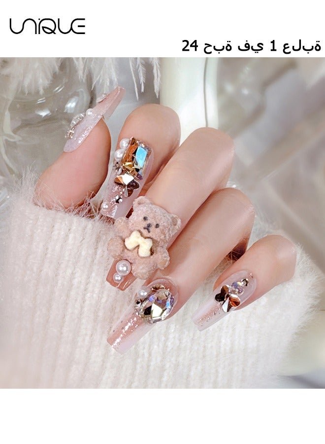 24Pcs Fake Nails, Press Nails, Mid-length Ballet Manicure - Gradient Sparkling Diamond Manicure - Cartoon Plush Bear Manicure - Fake Nail Patch