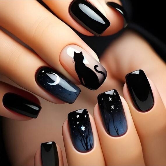 Black Cat Moon Night Sky Press On Nails | Reusable ABS Fake Nails | Glossy Mirror Finish | 24PCS Nail Tips | Short Square Shape | Easy Apply & Remove | Scratch Resistant | Waterproof & Durable | Home Manicure Kit for Party & Gift | Elegant Natural Look
