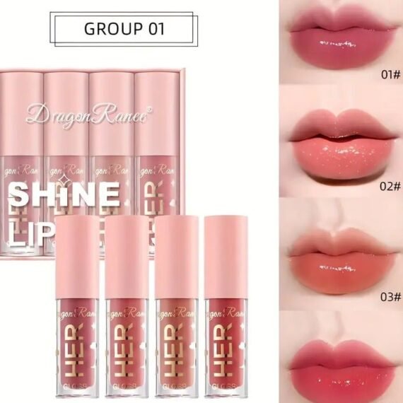 DragonRanee Shine Lip Gloss Set of 4 - Adult Radiant Sheen Lip Color, Long-Lasting & Moisturizing, Diverse Shades, Universal Skin Compatibility, Luminous Sparkle Finish, Easy Application