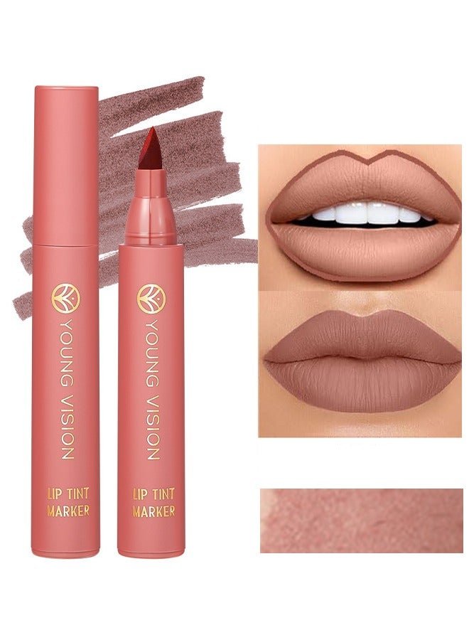 Lip Tint Marker, Lightweight Lip Stain, Liquid lipstick with Nude Matte Shades, Lip Liner and Stick 2-in-1, Long Wearing and Waterproof #01