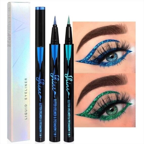 2Pcs Glitter Sparkling Shimmer Dark Green & Light Green Liquid Eyeliner Makeup Pen Set, Metallic Satin Finish Colorful Colored Eye Liner Pen Waterproof Smudge Proof Long Lasting High Pigmented