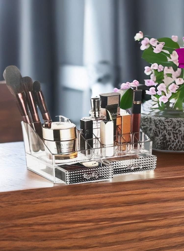 Makeup Organizer, Clear Acrylic Cosmetic Organizer Makeup Holder Display Jewelry Storage, Bathroon,Office Use, Case 2 Drawer For Lipstick Liner Brush Holder Black (Clear)