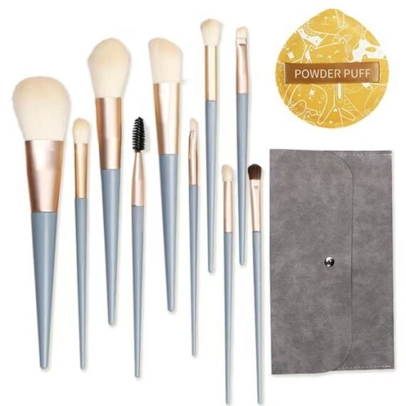 Make up Brushes set with Bag 10PCS Travel and 1PCS Makeup Sponge Professional Face Powder Puff Eye Shadow Powder Kit Gift Box Brushes Kit Blue