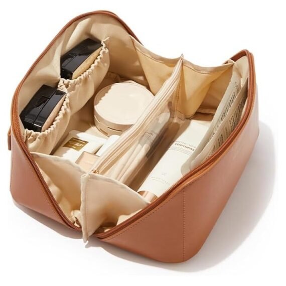 Travel Makeup Bag, Large Capacity Cosmetic Bags for Women,Waterproof Portable Pouch Open Flat Toiletry Bag Make up Organizer with Divider and Handle