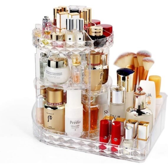 Clear Makeup Organizer L Shape 360 Degree Rotatable Multifunctional Acrylic Diamond Pattern Cosmetic Storage Organizer for Brushes Lipstick Jewelry