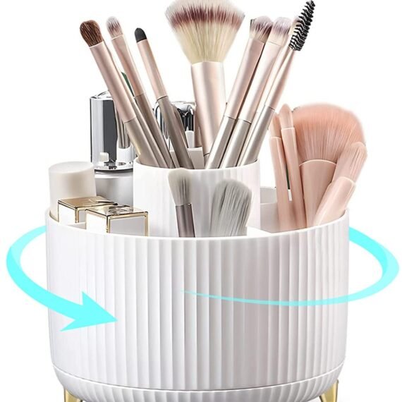 SYOSI Makeup Brush Holder, 360° Rotating Makeup Organiser, Cosmetic Shelf, Eyeshadow Brush, Lipstick Case, Cosmetic Organisers with 5 Compartments for Dressing Table, Bedroom, Bathroom (White)