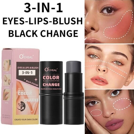Eyes & Lips & Blush 3-IN-1, Multifunctional Makeup Stick,Eyes Lips and Blush Color Change from Black to Pink Make Up Stick, All Skin Color Changing Lipstick, Eyeshadow and Blusher Stick